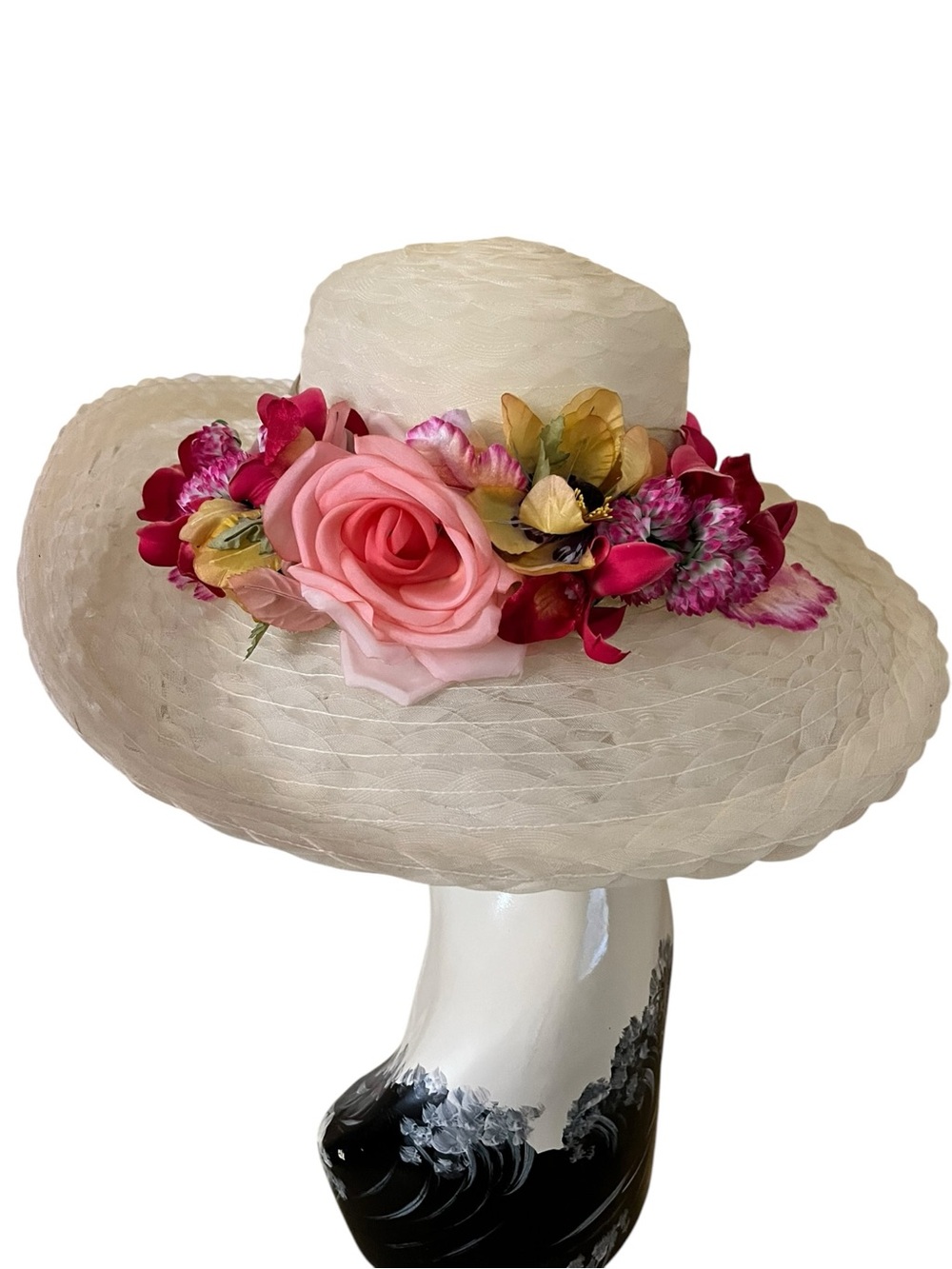 NWT Eric Javits Cream Wide-Brim Straw Hat with Pink Yellow Floral 17” - Picture 3 of 13